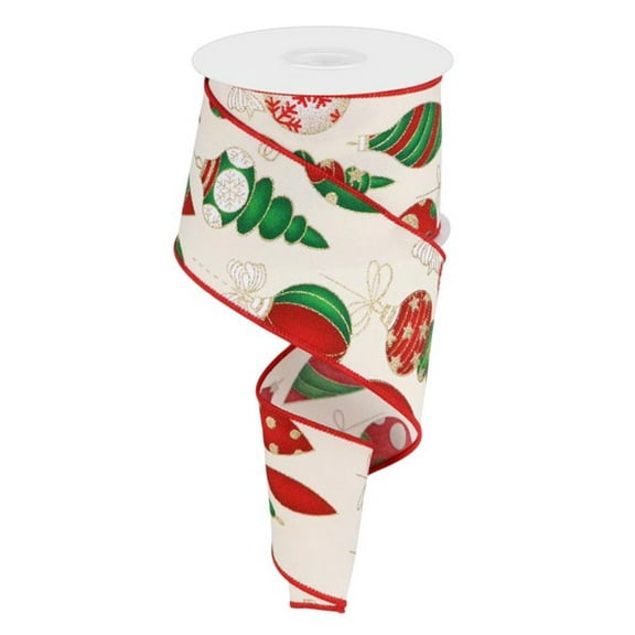 Hanging Christmas Ornaments Wired Edge Ribbon, Ivory Green Gold White - 2.5 Inches x 10 Yards