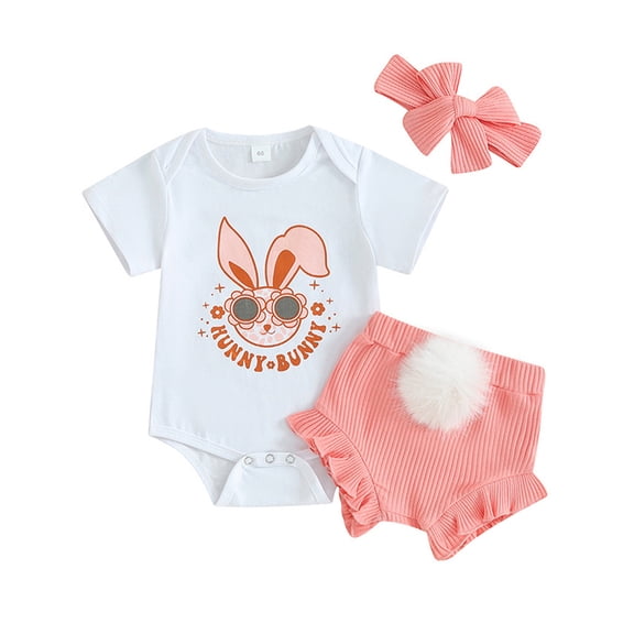 WIBACKER 0-18M 3Pcs Newborn Baby Girl Easter Outfit Short Sleeve Romper Bunny Pompom Shorts Set