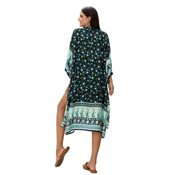 Necvior Womens Open Front Kimono Cardigans Bohemian Flower Loose Summer Top with Belt Long Sleeve Beach Dress Swimsuit Cover Up