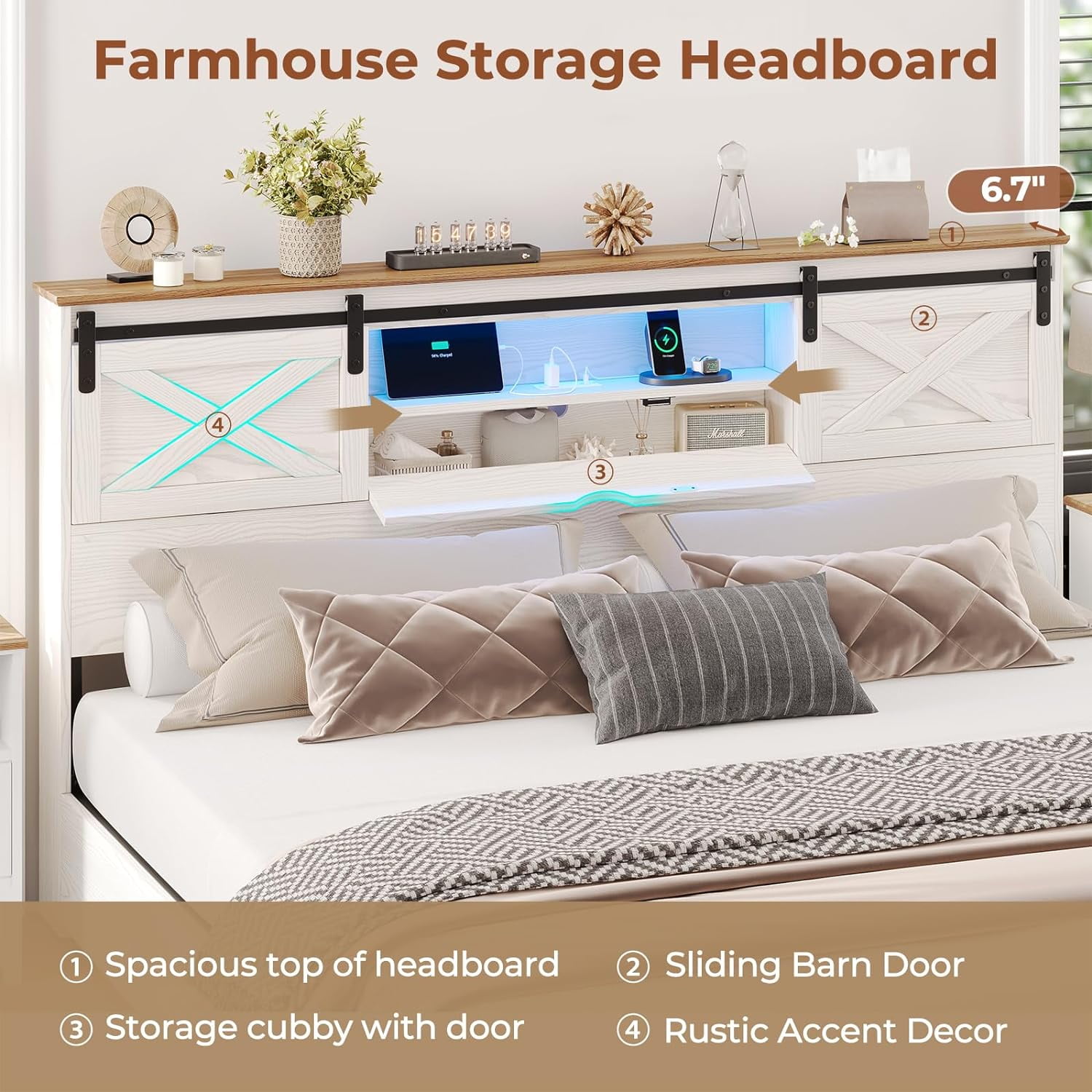 Queen Size Bed Frame with LED Lights and Charging Station, Farmhouse Storage Bed Frame with Headboard and Drawers, No Box Spring Needed, White