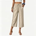 thumbnail image 7 of Capris for Women with Pockets Petite Pants Drawstring Casual Pull on Palazzo Trousers with Pockets Loose High Waisted Wide Leg Lounge Pants Khaki M, 7 of 7