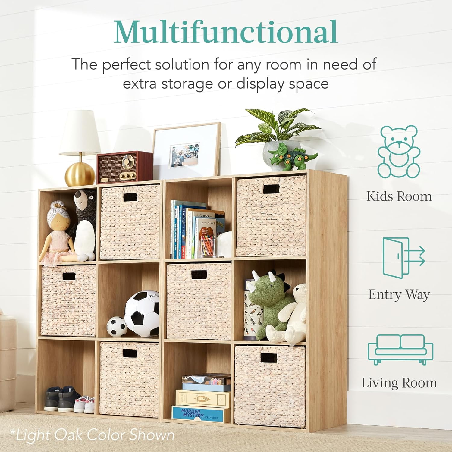 HJTER 6-Cube Storage Organizer, 13.5in Shelf Opening, Bookcase, Display Shelf, Customizable w/ 3 Removable Back Panels – Greige