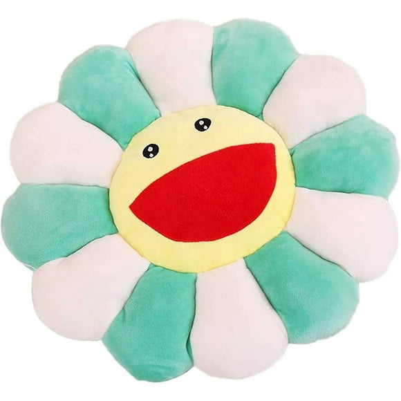 Green Plush Sunflower Throw Pillow, Smile Face Murakami Flower Floor Pillow, Colorful Sun Flower Plush Toy