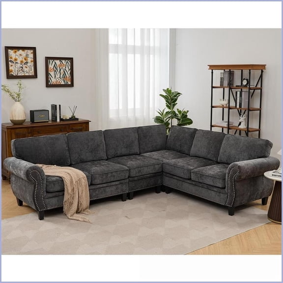 109.5” Modular L-Shaped Sectional Sofa | 6-Seater Chenille Upholstery | Rolled Arms & Rivets | Dark Gray Living Room Couch