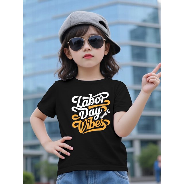 Labor Vibes" Cotton Short-Sleeve T-Shirt for Girls - Casual Crew Neck, Medium Stretch, Summer Top with Fun Print, Versatile & Cute for Little Girls, Everyday Tshirt | Playful Design