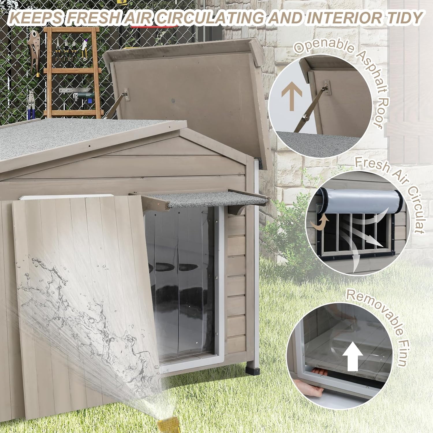 Gowoodhut Outdoor Dog House with Chew-Proof Iron Frame, Wooden Dog Kennel Weatherproof for Large and Medium Dog, 40.2" L x 26.4" W x 33.5" H