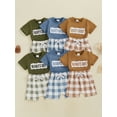 thumbnail image 3 of Baby Toddler Boys Summer Shorts Clothing Set, 6 9 12 18 24 Months Short Sleeve Embroidery Letters T-shirt with Plaid Shorts Outfit, 3 of 9