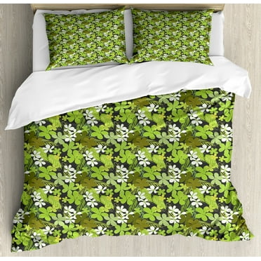 Sage Duvet Cover Set Queen Size, Fresh Nature Theme Wildflowers Leaves Bloom Foliage Nostalgia Vintage Abstract, Decorative 3 Piece Bedding Set with 2 Pillow Shams, Green Black White, by Ambesonne