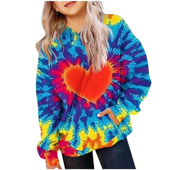 Kids' Valentine's Day Hoodie Boys Girls Tie-Dye Heart Print Sweatshirt Festive Casual Long Sleeve Pullover with Pockets
