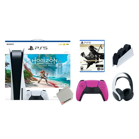 Sony Playstation 5 Disc Horizon Forbidden West Bundle with Extra Nova Pink Controller, White PULSE 3D Headset, Ghost of Tsushima Director's Cut and Charging Station