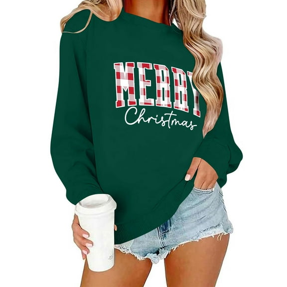 GUZOM Womens Green Christmas Pullover - Plaid "Merry Christmas" Letter, Soft 100% Polyester, Relaxed Fit Sweatshirt (XS to XL),Size M