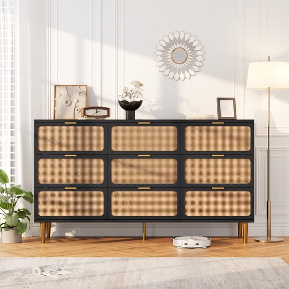 Rattan 9 Drawer Dresser for Bedroom, 59"W Wooden Chest of Drawers with Metal Handles, Dresser TV Stand, Clothes Storage Organizer for Bedroom, Black