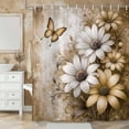 thumbnail image 3 of Rustic Farmhouse Shower Curtain, Beige & Brown Daisy Floral with Golden Butterfly Bathroom Decor, Vintage Watercolor Shower Curtain, Waterproof Polyester Fabric with 12 Hooks, 54x72 Inches, 3 of 7