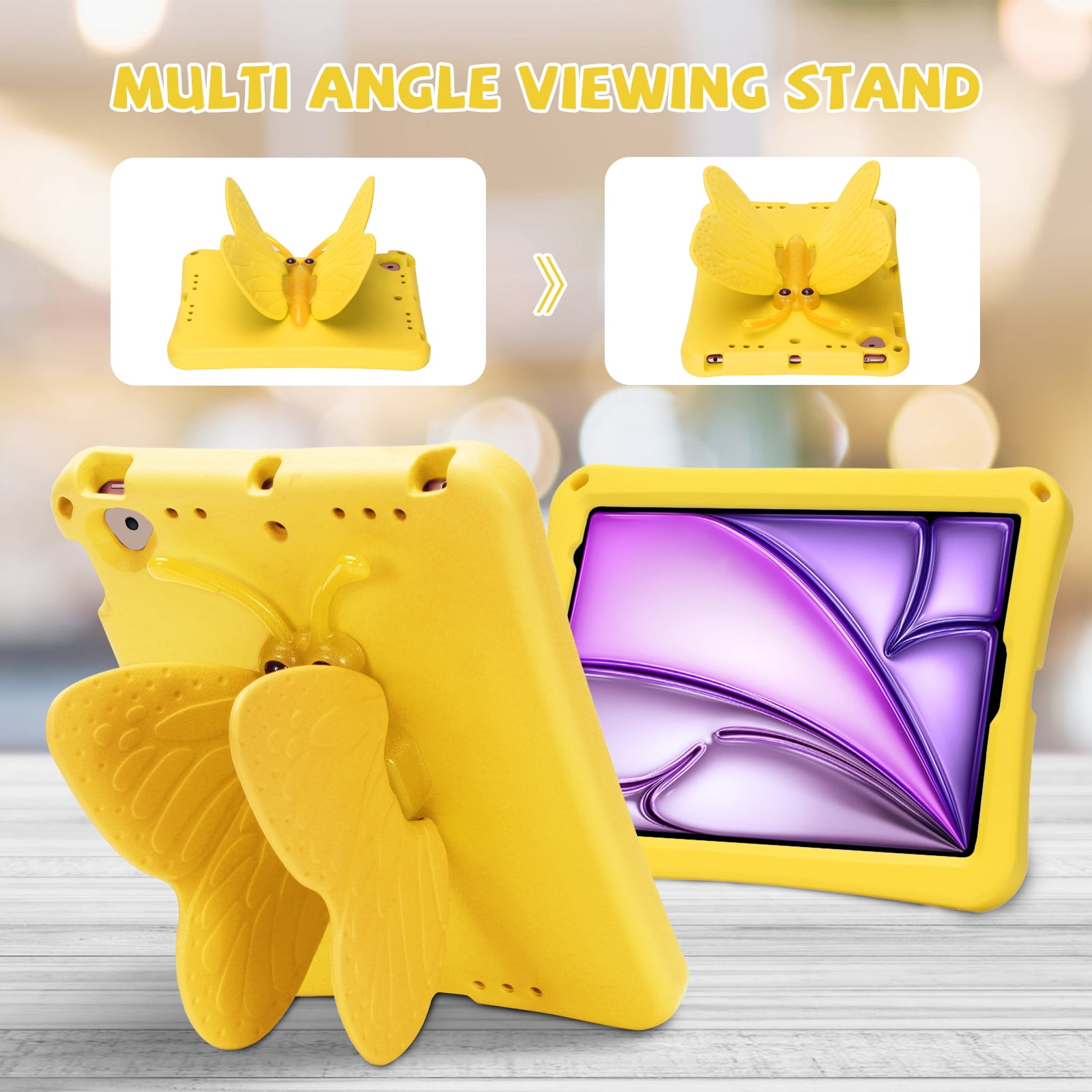 Kids Case for Apple iPad 9th 8th 7th Generation 2021/2020/2019 10.2 Inch, iPad Air 3rd Gen 10.5" Case, Cute Butterfly Rotating Stand Lightweight Kids Friendly Shockproof Case with Pencil Holder,Yellow