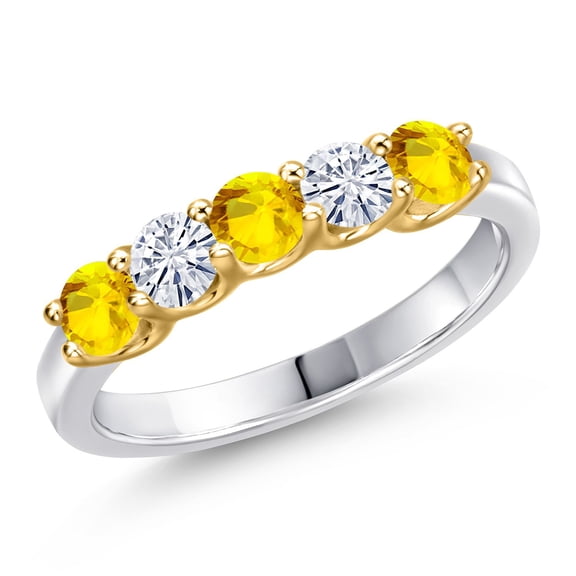 Gem Stone King 925 Silver and 10K Yellow Gold Yellow Sapphire and White Moissanite Wedding-Bands Ring for Women | 0.80 Cttw | Round 3.5MM | Gemstone September Birthstone | Size 5