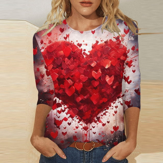 Aqestyerly T-Shirt Imprimé de Mode pour la Saint-Valentin pour Femmes, Blouse à Manches 3/4, Col Rond, Hauts Décontractés