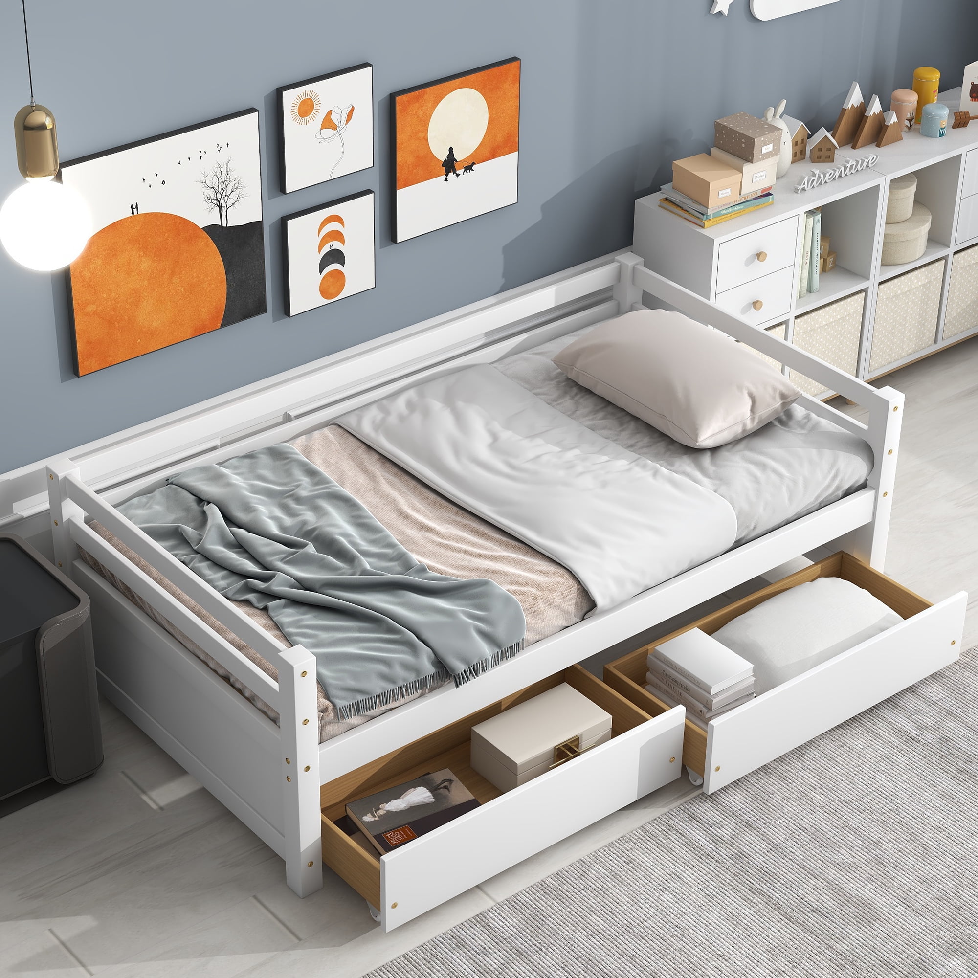 Euroco Pine Wood Storage Daybed with Two Drawers, Twin for Living Room, White