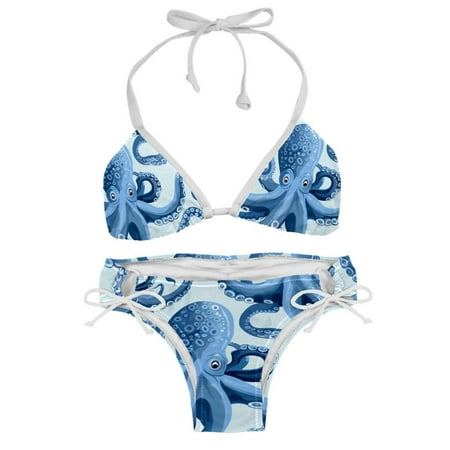 Women s Two Piece Halter Neck Bikini Swimsuits Padded Blue Octopus Monster Print Swimwear Bathing Suits