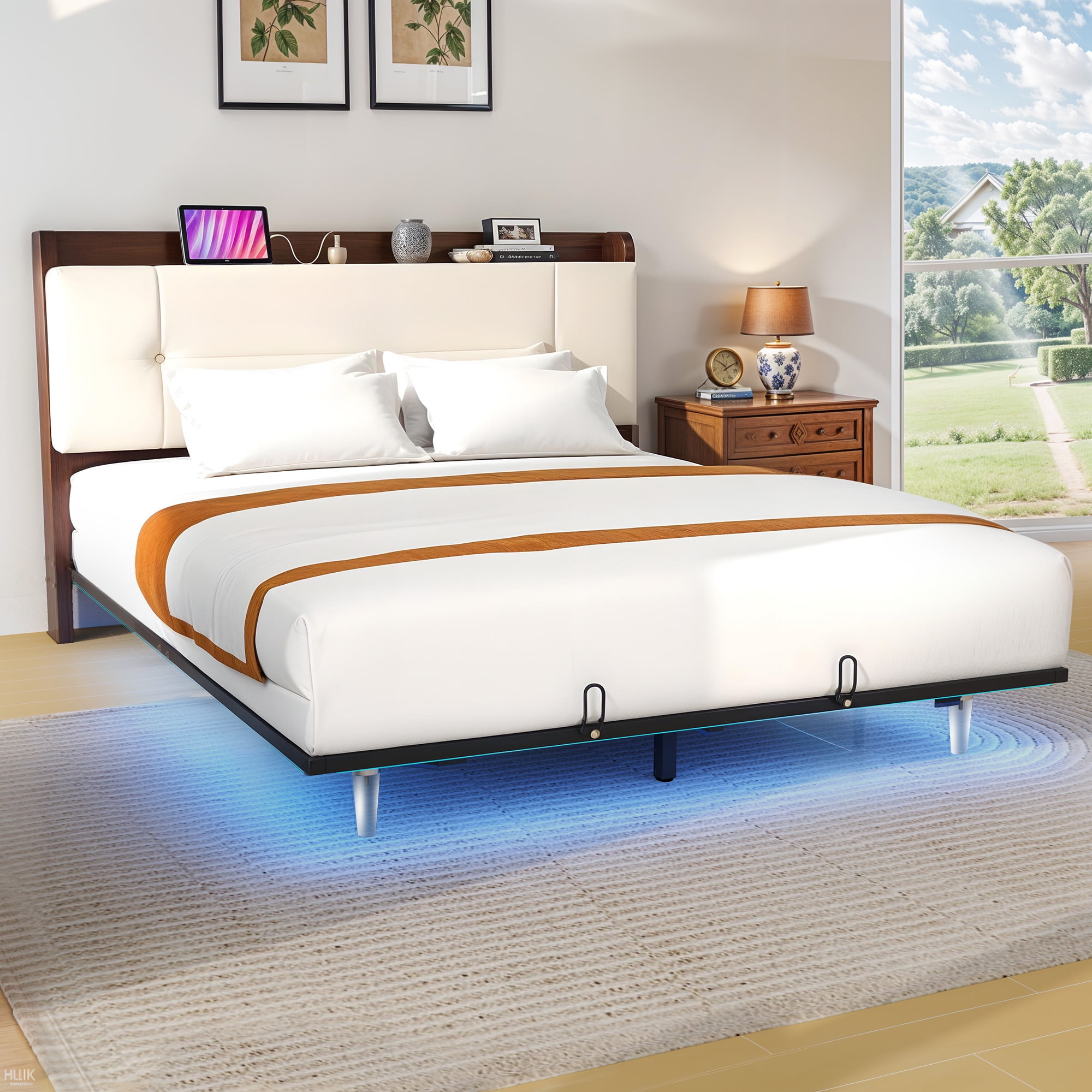 Uforic Beige Faux Leather Queen Bed Frame with LED Lights, Platform Bed with Multifuction Backrest Storage & Charging Ports