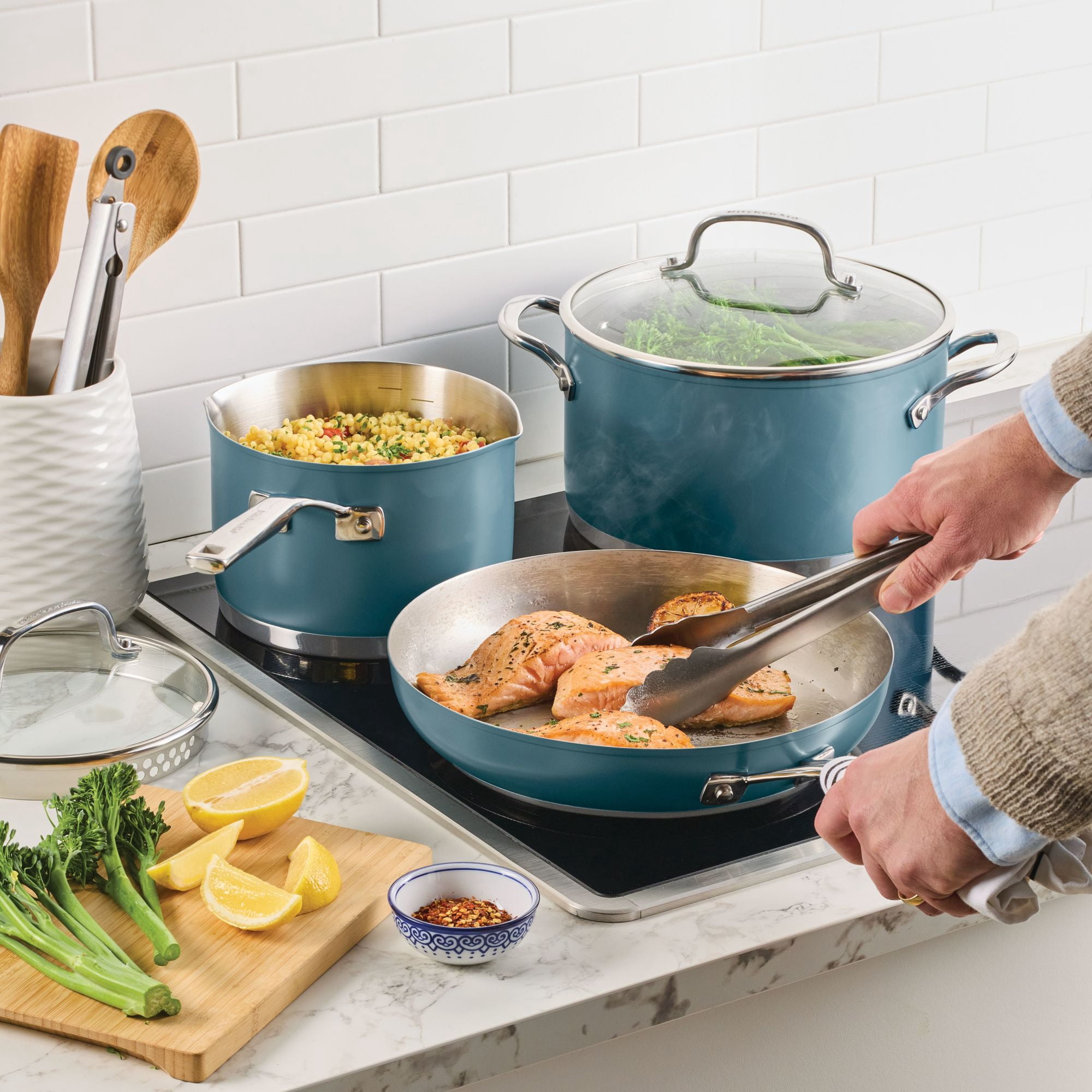 KitchenAid 11pc Color-Finished Stainless Steel 3-Ply Base Cookware Set Dishwasher and Metal Utensil Safe, Induction Suitable and Oven Safe to 500°F, Agave