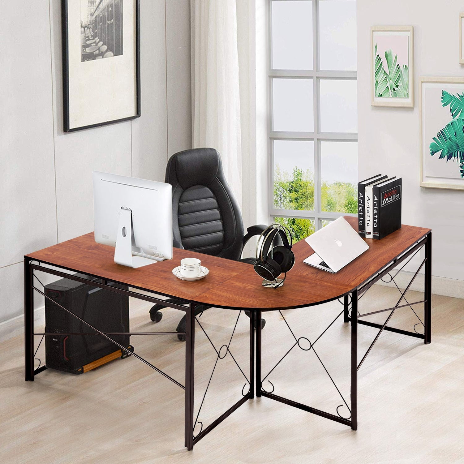 Javlergo L Shaped Folding Computer Desk, Modern Corner Gaming/Writing Table for Home Office, No Assembly Needed, Brown