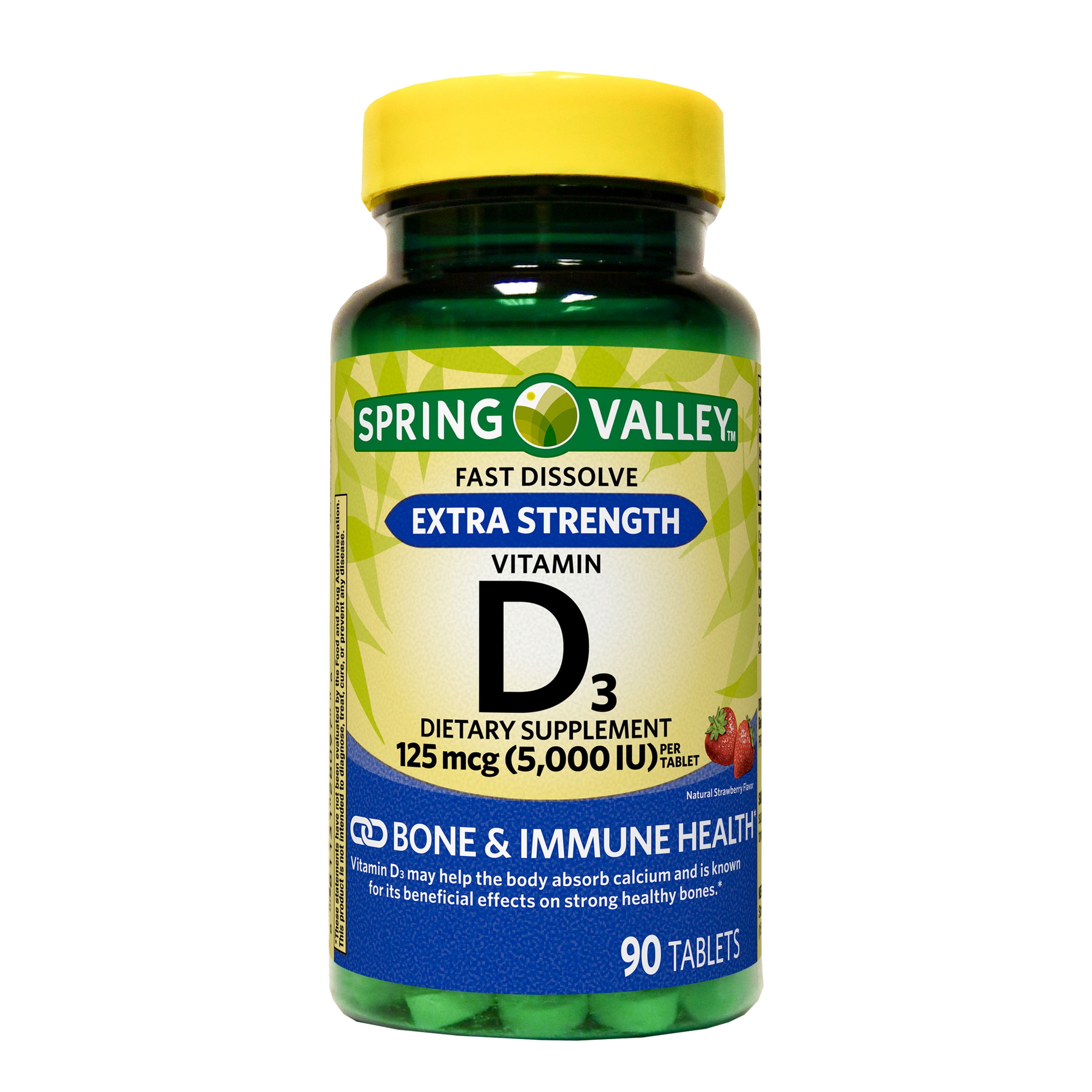 Spring Valley Extra Strength Vitamin D3 Fast Dissolve Tablets Dietary Supplement, 125 mcg (5,000 IU), Strawberry Flavor, 90 Count