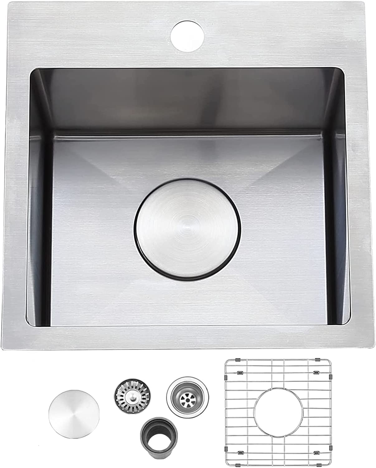 VAPSINT 15x15 Modern Commercial Topmount Drop in Black Bar Sink,Single Bowl Bar Rv Kitchen Sink with Stainless Steel Grid＆Strainer - 5