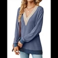 thumbnail image 1 of Blusas de Otoño para Mujer, con Escote en V, Encaje, Larga, Holgadas, con Ribete de Bloques de Color, Moda 2025 Azul M, 1 of 10
