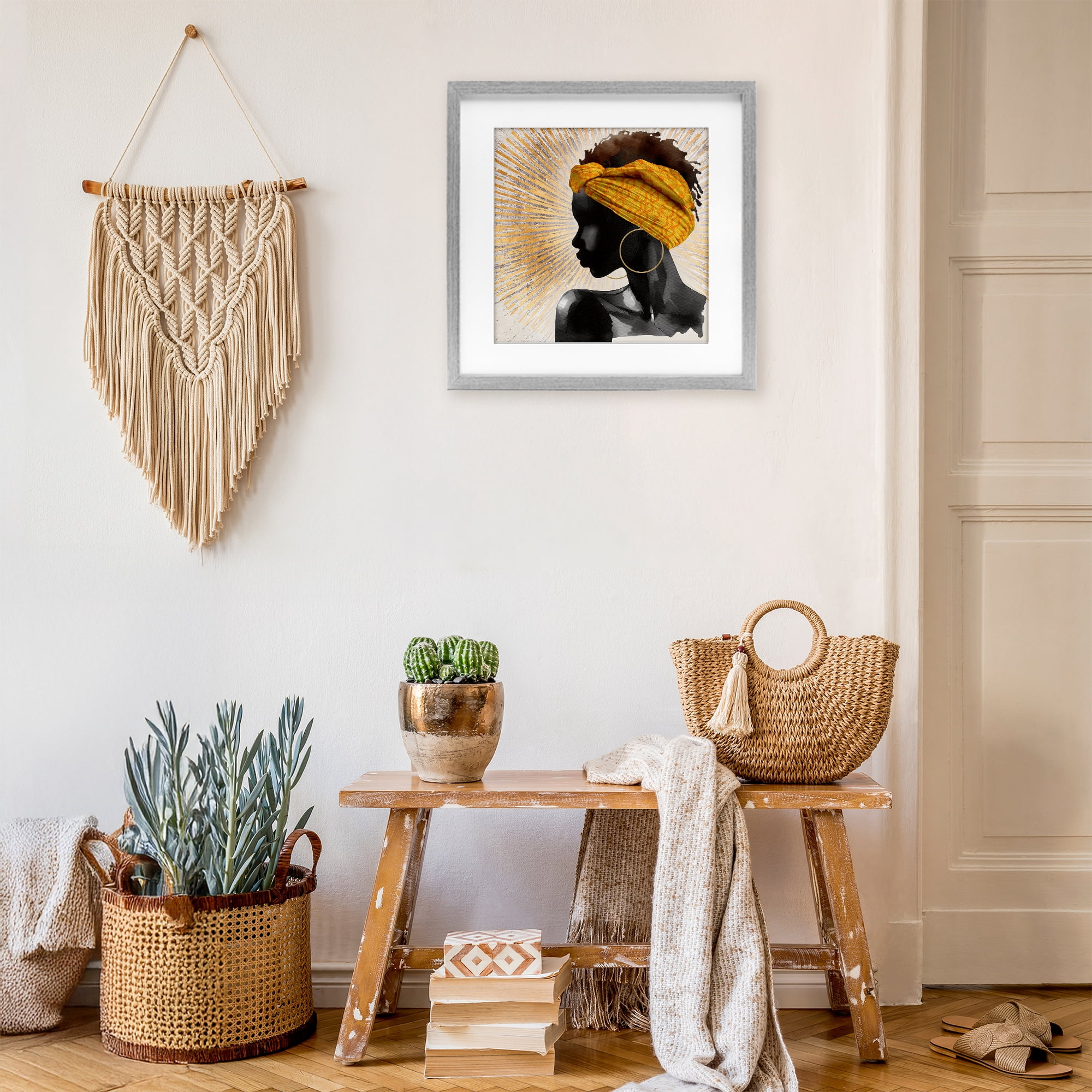 Stupell Industries Golden Sunburst Profile with Headwrap Gray Framed Print Under Glass, design by CAD Designs