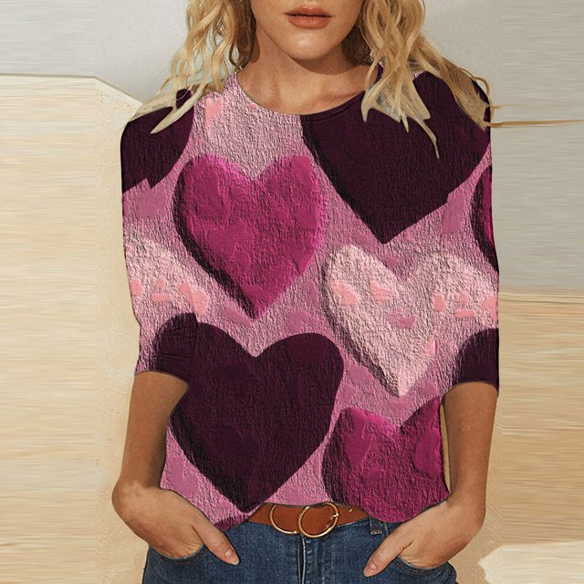 Styesk T-Shirts pour Femmes à Manches 3/4 Longueur, Imprimé Cœur, Hauts de Sortie, T-Shirts Confortables et Doux à Col Rond, Chandail à Enfiler, T-shirt Léger de Mode, Graphique de la Saint-Valentin, Grande Taille, Hauts Décontractés