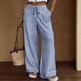thumbnail image 2 of Faux Linen Pants Women Tall Lightweight Striped Lounge Trousers Summer Lace-up High Waist Flowy Straight Pants with Pockets,XL, 2 of 7