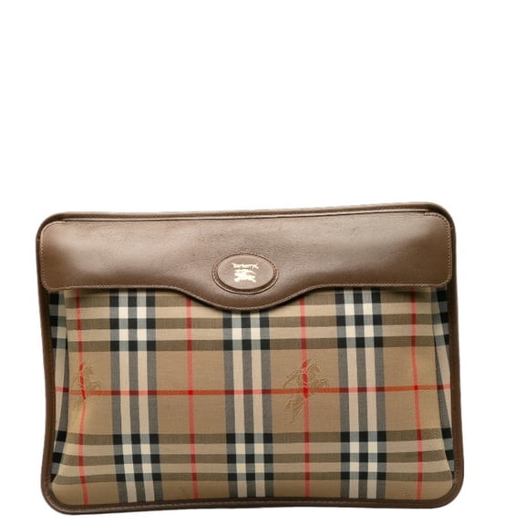Pre-Owned Burberry Nova Check Shadow Horse Clutch Bag in Beige and Brown Canvas Leather....