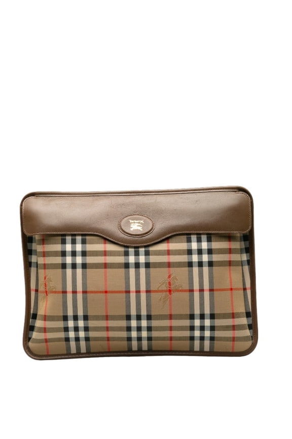 Pre-Owned Burberry Nova Check Shadow Horse Clutch Bag in Beige and Brown Canvas Leather....