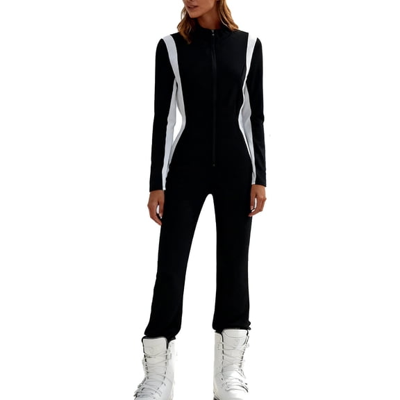 QSAWXQZ Women's Slim Thermal Ski Jumpsuit Color Block Stripe Zip Front Long Sleeve Mock Neck Catsuit for Winter Athletic Workout Base Layer One Piece Suit XL
