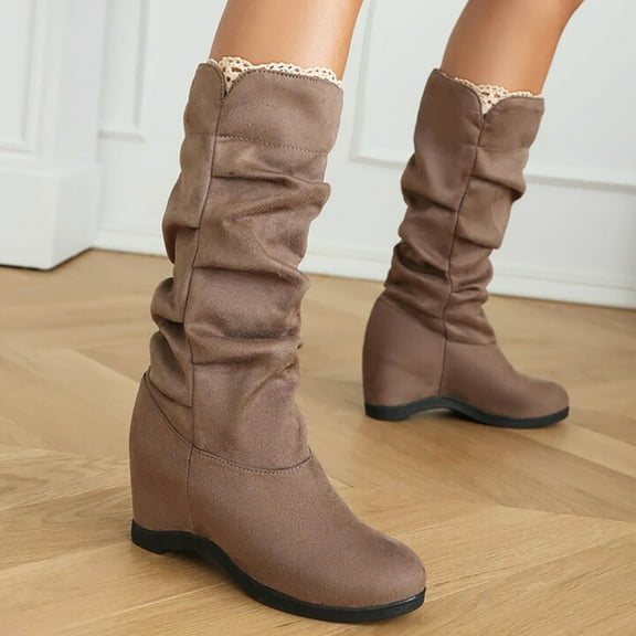 YOUSNH 2024 Autumn and Winter New Korean Boots Female Frosted Suede Solid Color Slope with High Boots Female Shoes Woman 2024 Trend Khaki 7