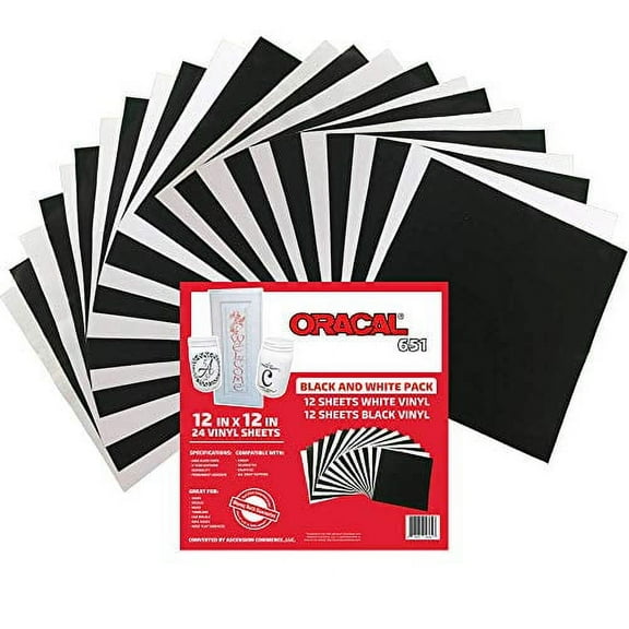 Oracal 651 Black and White Pack - Adhesive Craft Vinyl for Cricut, Silhouette, Cameo, Craft Cutters, Printers, and Decals - 12" x 12" - (24) Sheets - Gloss Finish - Outdoor and Permanent