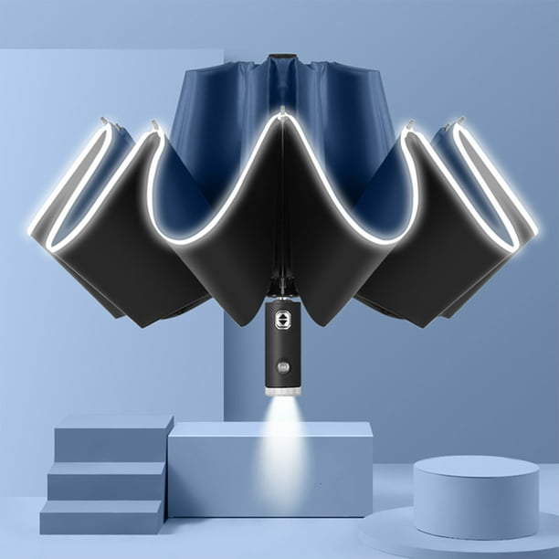 Fiudx Paraguas Portátil a Prueba de Viento, Diseño Plegable Invertido, Mango con Linterna Led, Bandas Reflectantes de Seguridad, Apertura Automática con Una Mano, Ideal para Viajes, Exteriores, con L