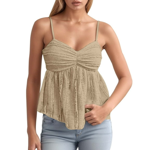 Ulitacool Womens Tank Tops Sleeveess Summer Chiffon Lace Trim Camisole Top Solid Color V Neck Blouse Trend Clothing M Khaki