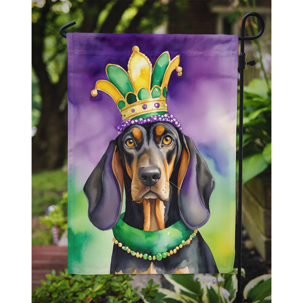 Black and Tan Coonhound King of Mardi Gras Garden Flag 11.25 in x 15.5 in