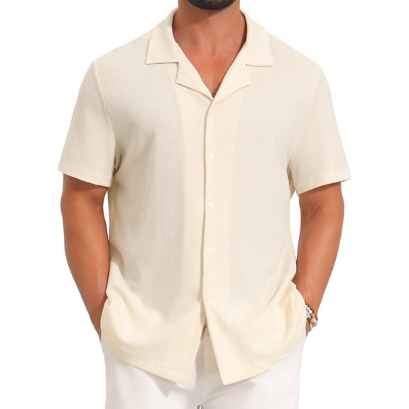 DARING DIVA Men's Mesh Camp Collar Short Sleeve Button Down Shirt for Summer M Beige