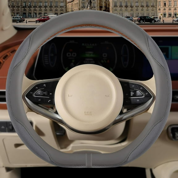 Nappa Leather Gray D Shape Steering Wheel Cover, Advanced Microfiber Leather Non-Slip Breathable Fabric, Warm in Winter and Cool in Summer, Universal 15 inch