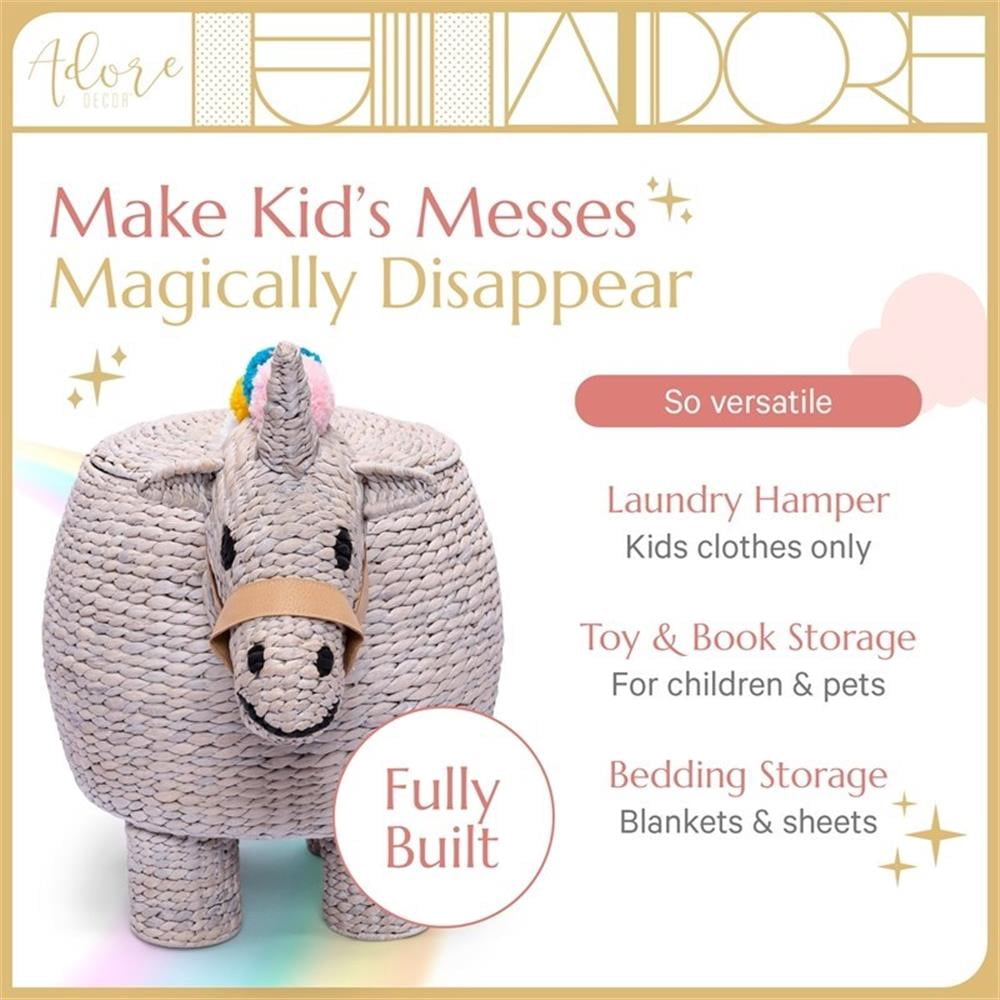 Adore Decor Unicorn Water Hyacinth Laundry Hamper Light Gray
