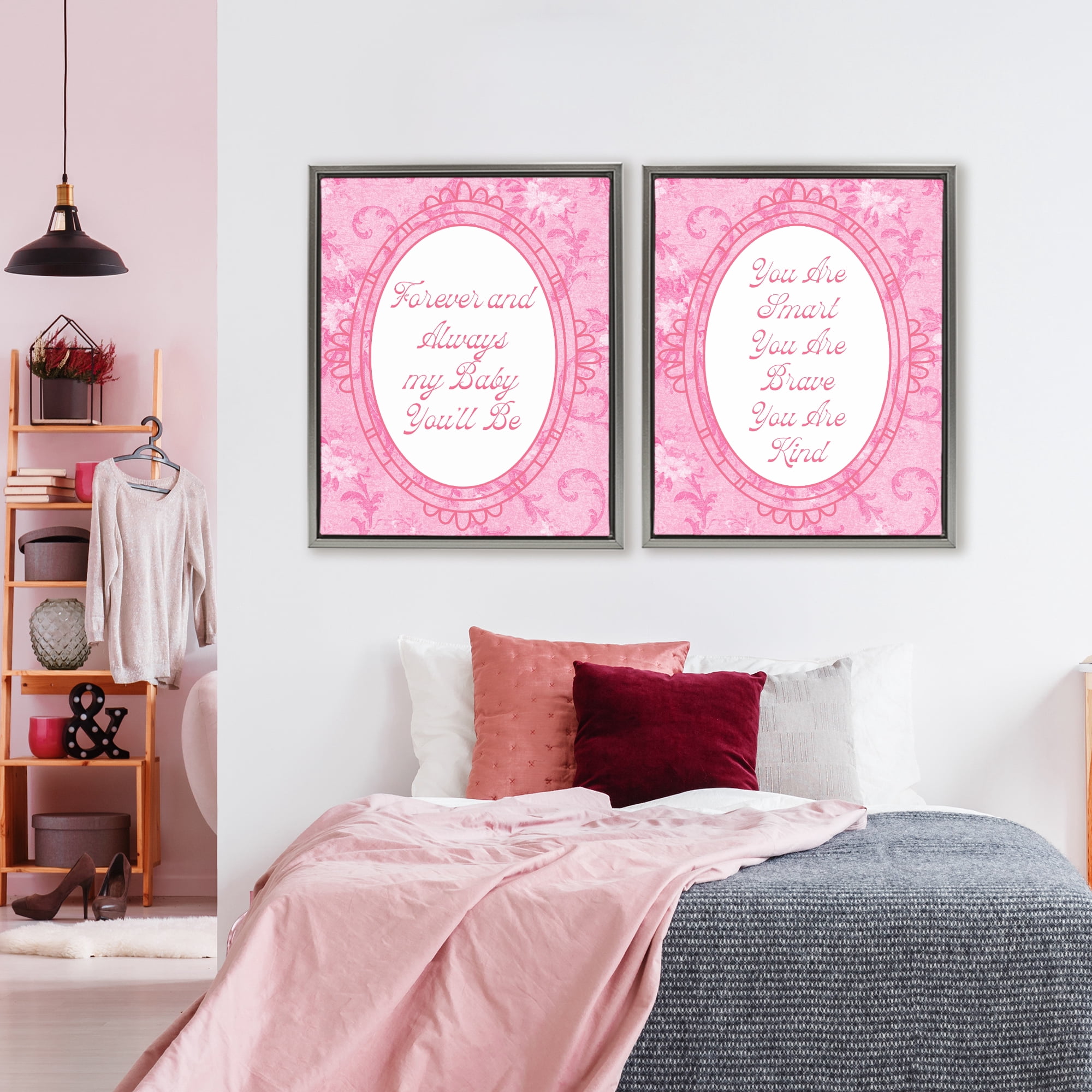 Stupell Industries Loving Pink Ornate Phrases 2 Piece Gray Framed Floater Canvas Set, design by Lil' Rue