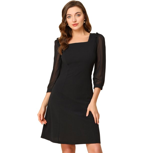 Vestido A Media Pierna De Chifón Transparente Con Manga 3/4 Y Cuello Cuadrado Para Mujer Negro S