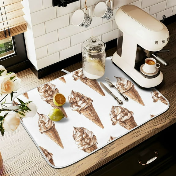 Yayeee Dish Drying Mat for Kitchen Counter 16" x 18" Microfiber Super Absorbent Coffee Decorative Pad, Brown Ice Cream Pattern