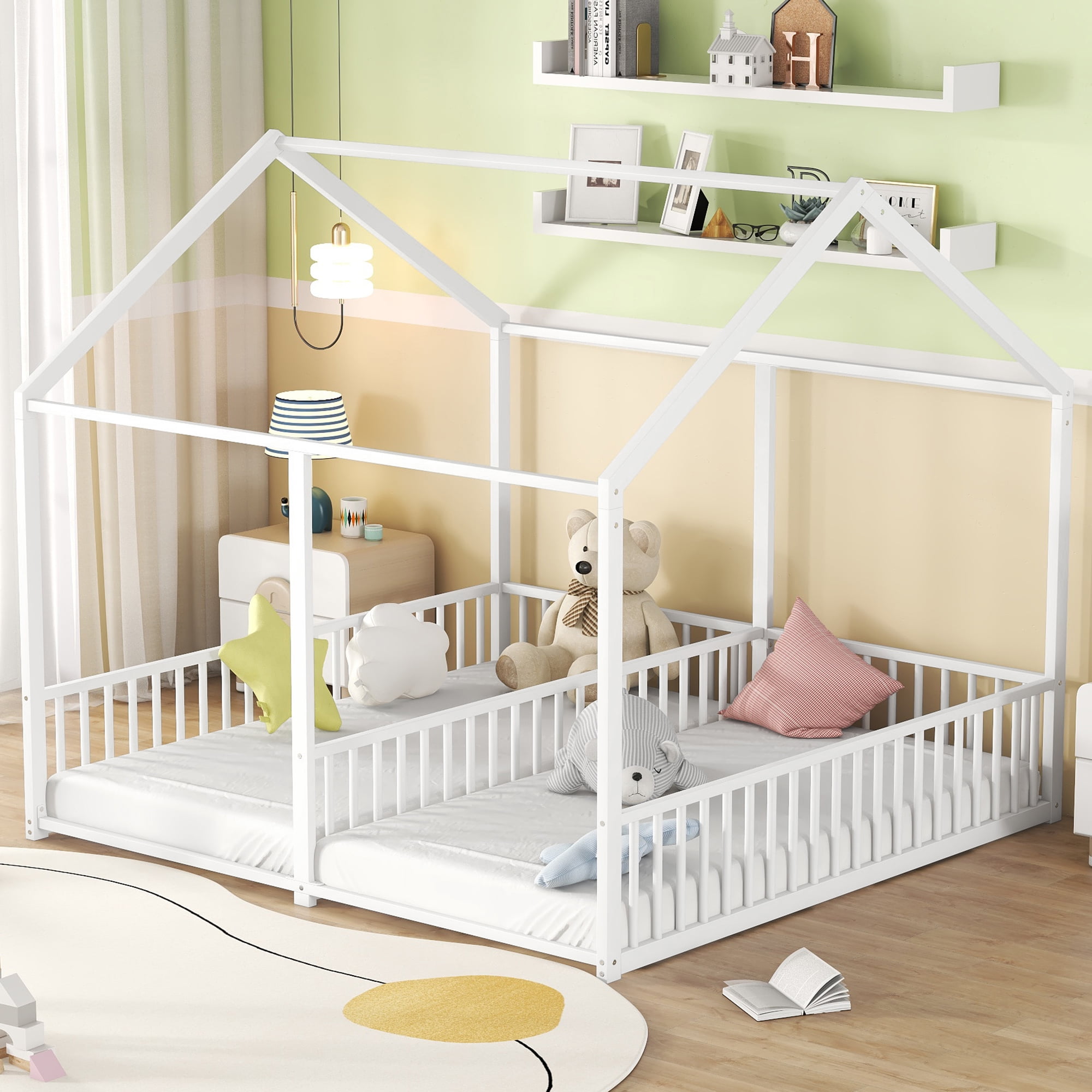 Euroco Metal Twin Size House Canopy Bed, 2-in-1 Platform Beds for Kids Room, White
