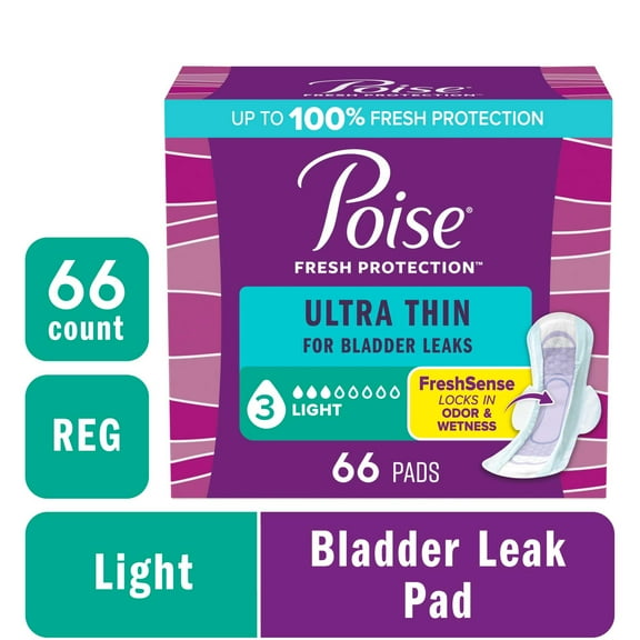 Poise Ultra Thin Incontinence Pads with Wings, 3 Drop Light Absorbency, 66 Count