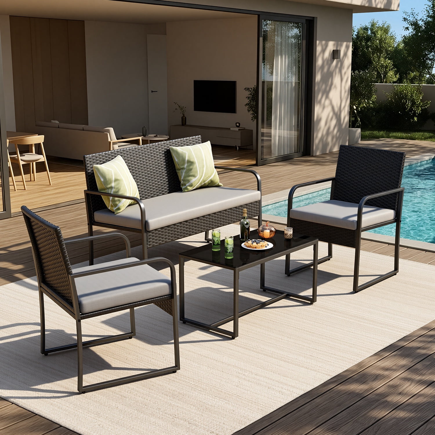 Asofer 4 Pieces Patio Furniture Set, All-Weather Outdoor Rattan Conversation Set with Glass Table for Lawn, Porch, Grey