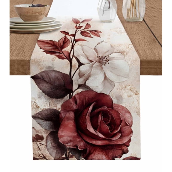 Table Runner Red Rose Table Decoration for Kitchen Dinning White Flowers Table Decoration for Indoor Outdoor Party Wedding Decor 13x72 Inch