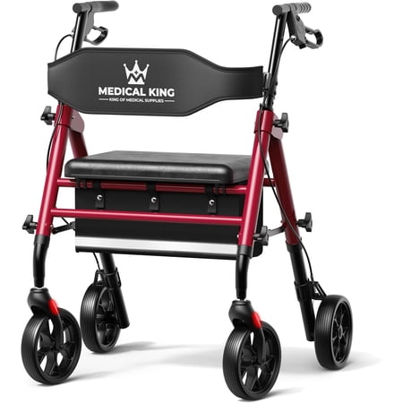 Foldable Rollator Walker with Seat for Seniors, 8″ Wheels, Adjustable Handles, Lightweight, 350 lb Capacity, Storage Pouch Red